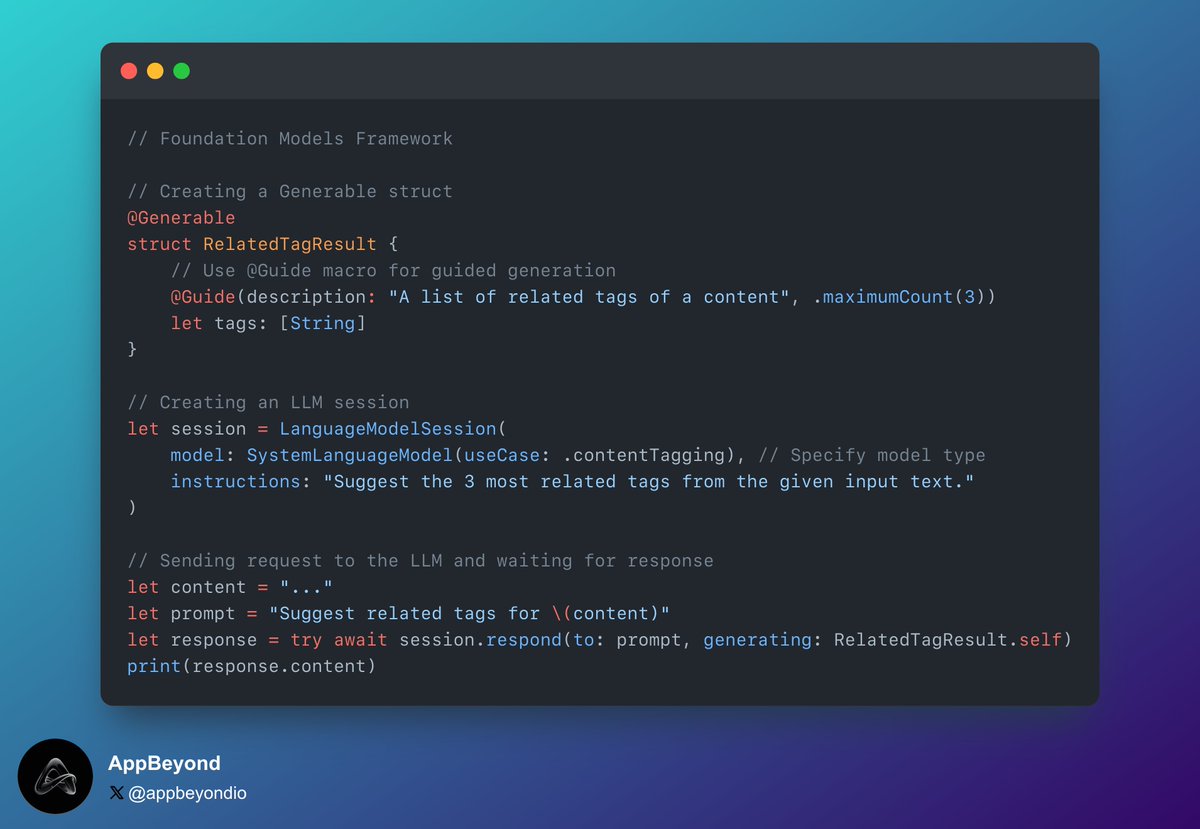#WWDC25 With Foundation Models Framework, tag generation is dead simple 😎
- Use model with .contentTagging use case
- Don't forget to use Generable type