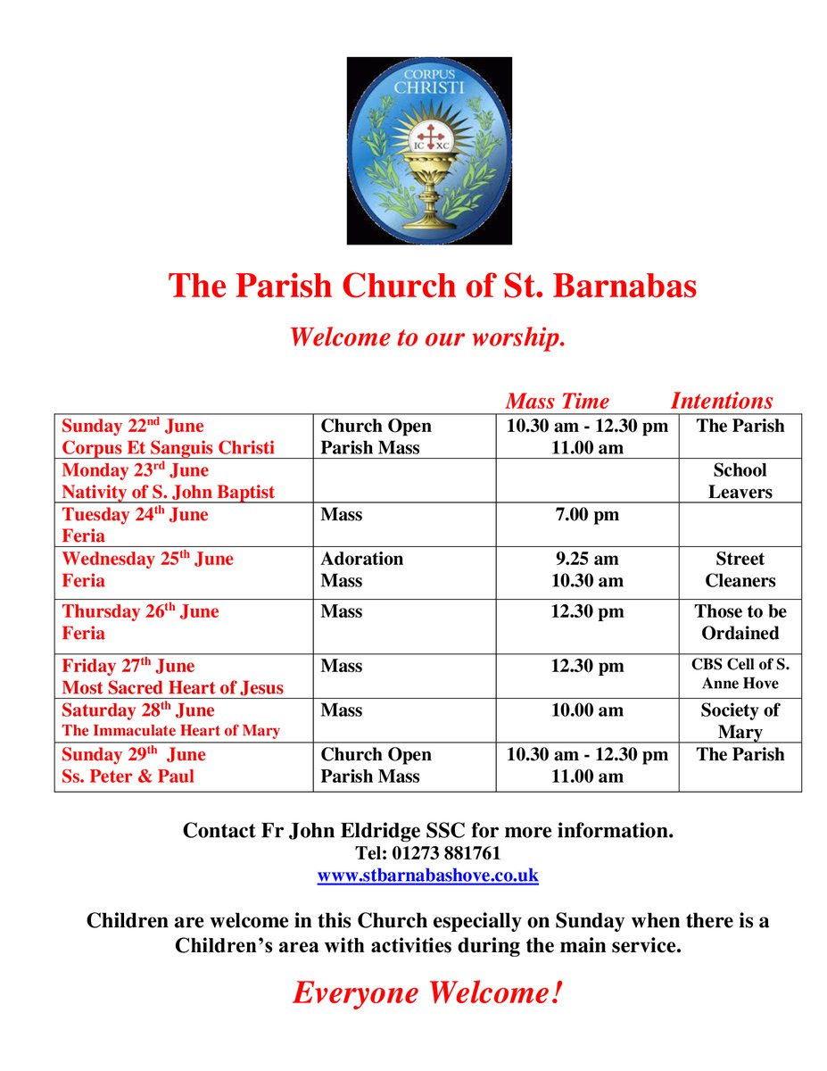 Here are the times for the church to be open for private prayer and Masses for the upcoming week.
#ChichesterDio #churchofengland #stbarnabas #hove #Sussex #ChiCathedral