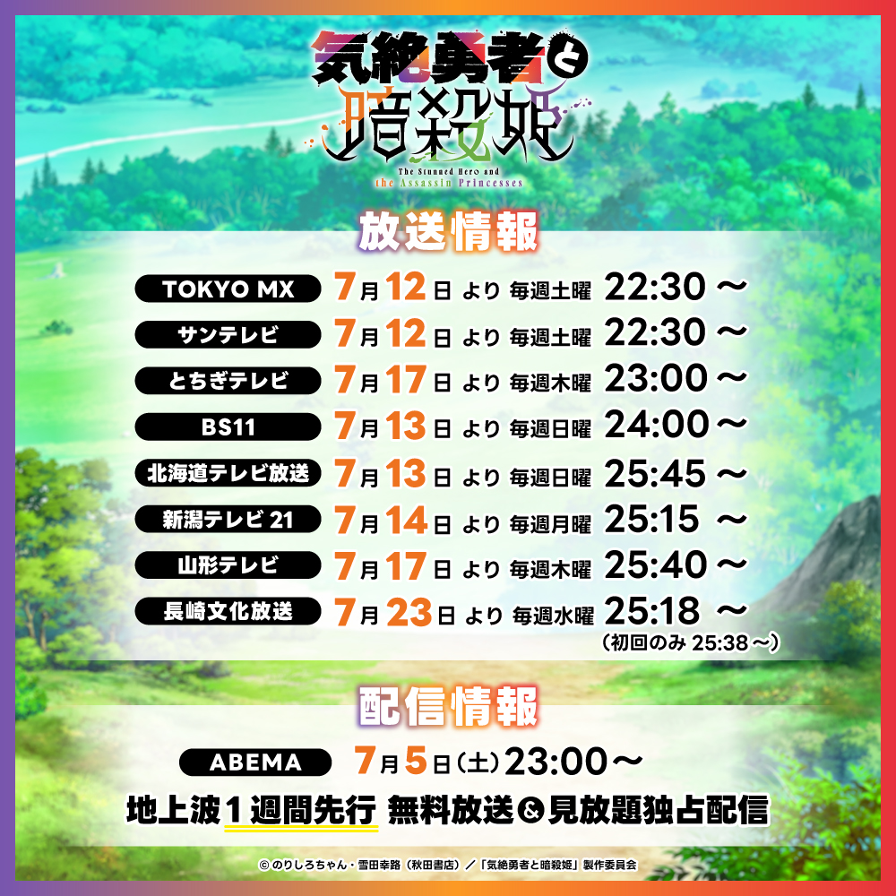 #気絶勇者 追加放送情報を公開❗
￣V￣￣￣￣￣￣￣￣￣￣￣￣￣￣

2025年7月12日（土）22:30よりTOKYO MX、BS11ほかにて放送開始✨
ABEMAにて地上波1週間先行・見放題独占配信決定🌟

勇者トトとシエル、アネモネ、ゴアの活躍をお楽しみに💪

▼公式HP
kizetsuyusha-anime.com