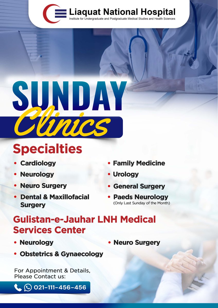 We’re here for you — even on Sundays!
Consult with top specialists across a range of services without waiting for weekdays.
For appointments, call or WhatsApp us at: 021-111-456-456
#SundayClinics