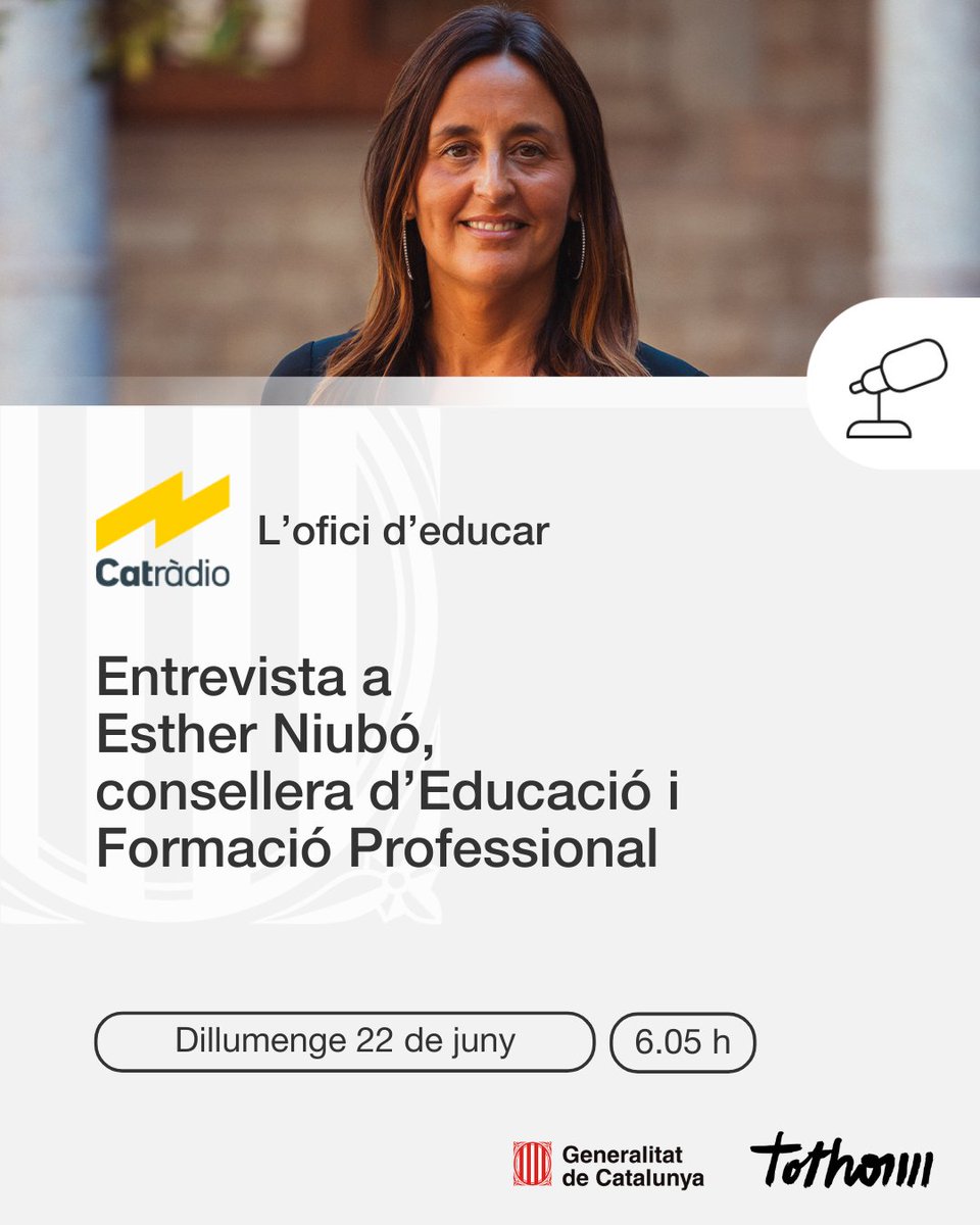 Diumenge 22 de juny a les 6 del matí la Consellera d’Educació i Formació Professional, Esther Niubó, serà entrevistada al programa “L’ofici d’educar” de Catalunya Ràdio.
Podreu escoltar l’entrevista en directe aquí: 3cat.cat/catradio/