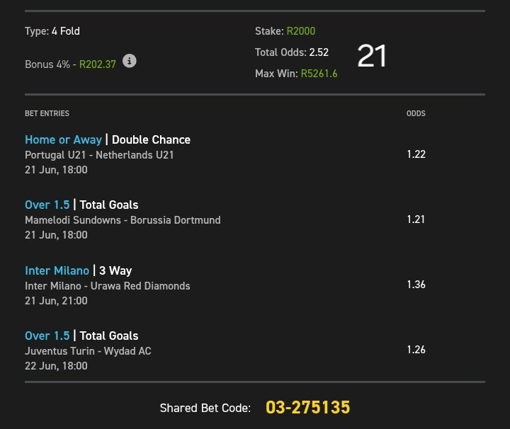 2Sgodo ⚽️🥇🇿🇦 (@2_sgodo) on Twitter photo +2.52 odds on <a href="/Easybet_SA/">Easybet South Africa</a>
Kick-off:⏲️18:00
Bet Slip Code: 03-275141
Copy my bet slip: easybet.co.za/sports?bookedB…
Not yet on Easybet?
Sign up using my promo code 2SGODO to get R50 Sign-Up Bonus + 25 Bonus Spins 👉 ebpartners.click/o/X356qM
18+T&Cs Apply +2.52 odds on <a href="/Easybet_SA/">Easybet South Africa</a>
Kick-off:⏲️18:00
Bet Slip Code: 03-275141
Copy my bet slip: easybet.co.za/sports?bookedB…
Not yet on Easybet?
Sign up using my promo code 2SGODO to get R50 Sign-Up Bonus + 25 Bonus Spins 👉 ebpartners.click/o/X356qM
18+T&Cs Apply
