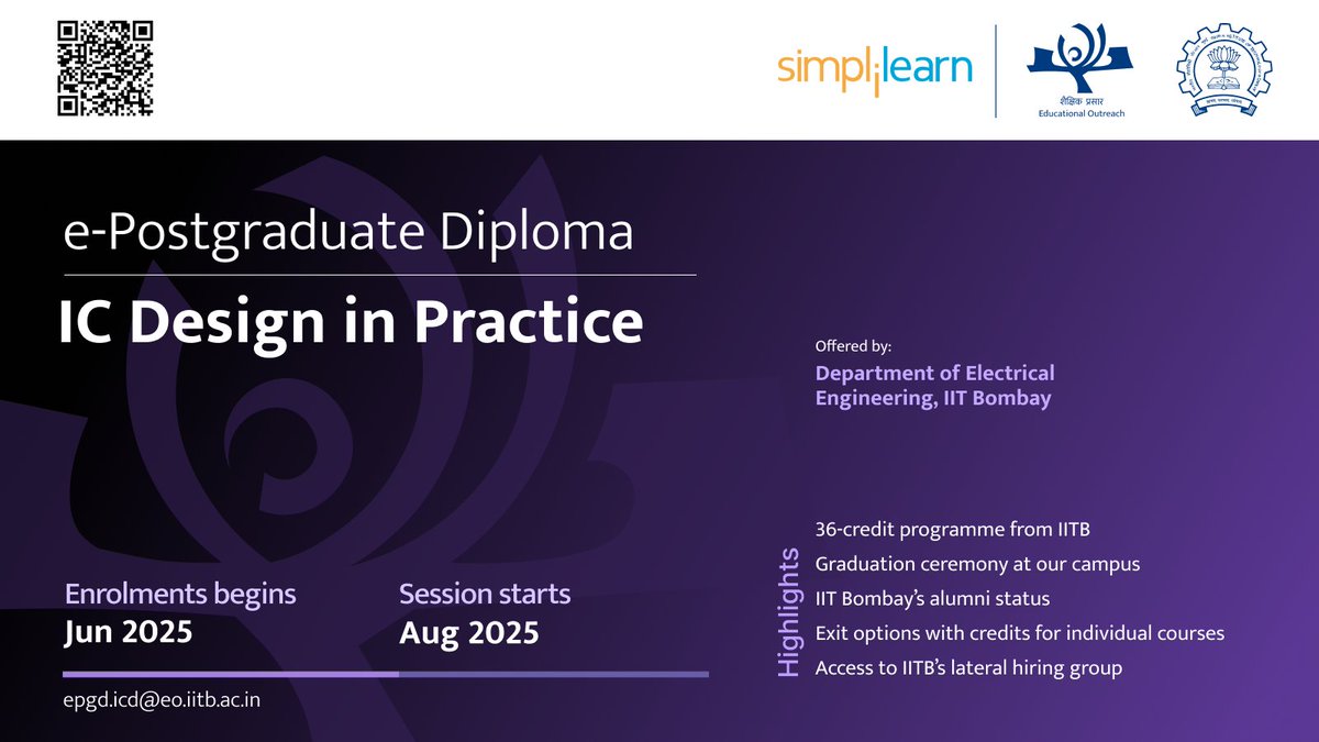 Educational Outreach at IIT Bombay (@eoatiitb) on Twitter photo <a href="/iitbombay/">IIT Bombay</a> invites applications for the ePostgraduate Diploma (ePGD) in IC Design in Practice, offered with the help of our EdTech partner, <a href="/simplilearn/">Simplilearn</a>
👉 Apply here: simplilearn.com/iit-bombay-epg… <a href="/iitbombay/">IIT Bombay</a> invites applications for the ePostgraduate Diploma (ePGD) in IC Design in Practice, offered with the help of our EdTech partner, <a href="/simplilearn/">Simplilearn</a>
👉 Apply here: simplilearn.com/iit-bombay-epg…