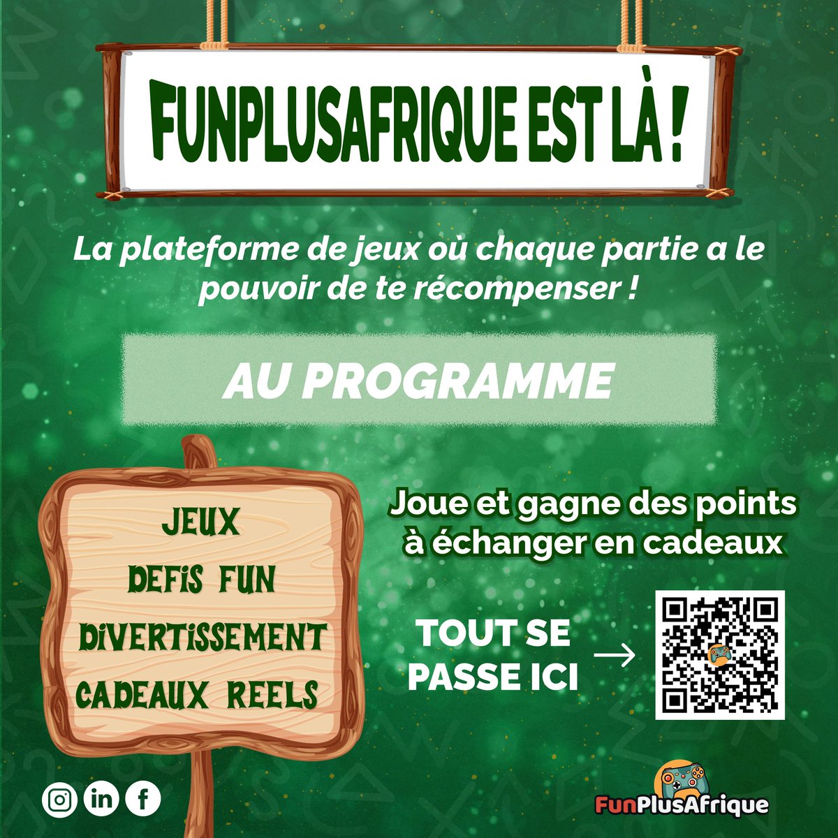 🎮 FunPlusAfrique débarque ! 🌍
Une plateforme de jeux où chaque partie peut te rapporter des cadeaux réels 🎁
🔥 Au programme :
🕹️ Jeux
🎯 Défis fun
😄 Divertissement
🎉 Récompenses à gagner

📲 Scanne le QR code ou clique ici 👉funplusafrique.com
#FunPlusAfrique