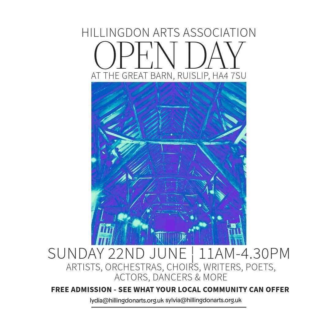 **Tomorrow**

Join the Hillingdon Arts Association for their open day! With artists, music, writers, actors, dancers and more🎵🎨 

📍 The Great Barn- Manor Farm, Ruislip
🗓️ Saturday 22 June, 11am- 4:30pm
🎫 Free admission, no booking required