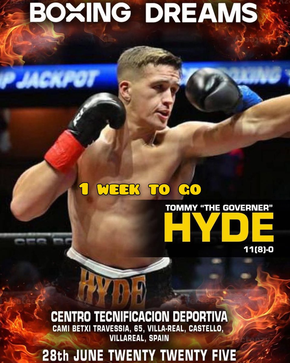 Boxing Tickets NI (@boxingticketsni) on Twitter photo 1 week to go
"The Governor" <a href="/tommyhyde99/">Tommy Hyde</a> is off to Villareal, Spain, for fight 12 as a pro
Hyde (11-0) takes on Marcos Vinicius Rodrigues De Barros over 8 rounds in a Super Middleweight contest 1 week to go
"The Governor" <a href="/tommyhyde99/">Tommy Hyde</a> is off to Villareal, Spain, for fight 12 as a pro
Hyde (11-0) takes on Marcos Vinicius Rodrigues De Barros over 8 rounds in a Super Middleweight contest