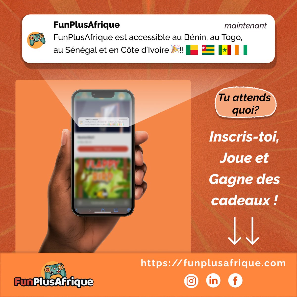 🚨 Bonne nouvelle !
 FunPlusAfrique est désormais dispo au Bénin 🇧🇯, Togo 🇹🇬, Sénégal 🇸🇳 et Côte d’Ivoire 🇨🇮 ! 🎉
Tu joues. Tu gagnes. Tu repars avec des cadeaux. 🎁
👉 funplusafrique.com

Tu attends quoi ? 😏
#FunPlusAfrique #GamingAfrique #JeuxMobile #Cadeaux