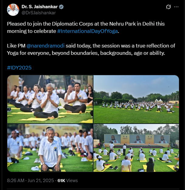 jkmediasocial's tweet photo. EAM
@DrSJaishankar
highlighted, Yoga continues to transcend borders and differences — bringing the world together through balance, mindfulness, and shared humanity.      #YogaForAll #YogaForUnity https://t.co/dmSC9bjtj0