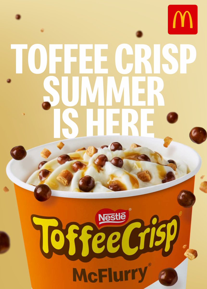 Nestlé Professional (@nestleprouk) on Twitter photo Stop by your local <a href="/McDonalds/">McDonald's</a> to try the new Toffee Crisp McFlurry 🍦
This McFlurry combines crispy and chocolatey pieces with smooth ice cream, topped with a rich toffee sauce. You don’t want to miss out!
Available from 18th June to 29th July 🙌 Stop by your local <a href="/McDonalds/">McDonald's</a> to try the new Toffee Crisp McFlurry 🍦
This McFlurry combines crispy and chocolatey pieces with smooth ice cream, topped with a rich toffee sauce. You don’t want to miss out!
Available from 18th June to 29th July 🙌
