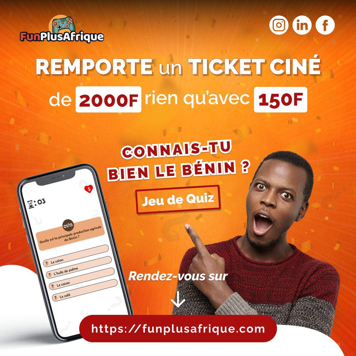 🎬 Tu veux aller au ciné #CanalOlympiaWologuede pour 2000F ?
Et si tu ne payais que 150F ? 😏
Teste tes connaissances sur le Bénin 🇧🇯 avec notre jeu de quiz et tente de remporter un ticket ciné !
📲 funplusafrique.com

#FunPlusAfrique #QuizBenin #CultureBéninoise