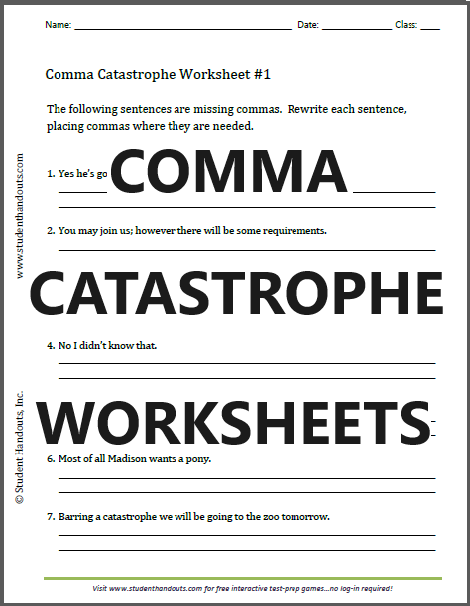 studenthandouts's tweet image. Comma Catastrophe Worksheets - Free to print (PDF files). #grammar #grammarworksheets #fifthgrade #freeworksheets #homeschool studenthandouts.com/05-grade-five/…