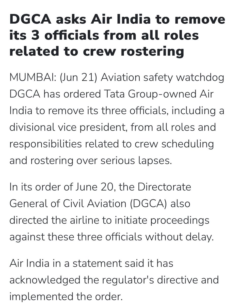 DGCA asks Air India to remove its 3 officials from all roles related to crew rostering
#AirIndia #AirIndiaPlaneCrash #DGCA <a href="/airindia/">Air India</a>