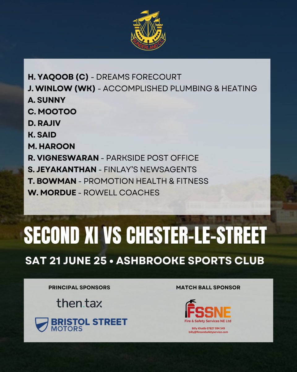 Sunderland CC (@slandcricket) on Twitter photo More sunshine 🌞🌞! Today our 1XI travel to <a href="/clscricketclub/">Chester-le-Street CC</a> , whilst our 2XI play the reverse fixture at home.
Thanks to our sponsors & good luck to all teams 🏏💪!
Then Tax Refunds
<a href="/VertuMotors/">Vertu</a>
<a href="/HumphreyMECons1/">Humphrey M&E Consultants</a>
Fire & Safety Services North East More sunshine 🌞🌞! Today our 1XI travel to <a href="/clscricketclub/">Chester-le-Street CC</a> , whilst our 2XI play the reverse fixture at home.
Thanks to our sponsors & good luck to all teams 🏏💪!
Then Tax Refunds
<a href="/VertuMotors/">Vertu</a>
<a href="/HumphreyMECons1/">Humphrey M&E Consultants</a>
Fire & Safety Services North East