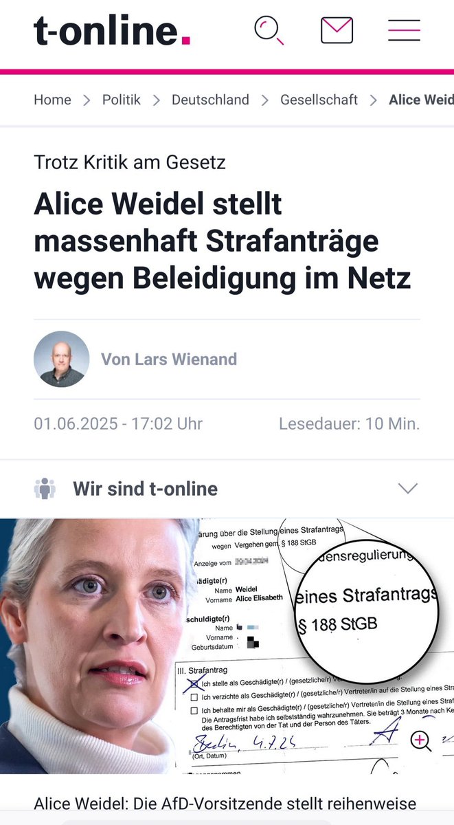 Die AfD fordert immer wieder lautstark die Abschaffung des Paragrafen 188 StGB und diffamiert diesen als „Majestätsbeleidigung“. Selbst nutzt die AfD, speziell deren Chefin Weidel, diesen Paragrafen ausgiebig. Ein weiterer Beleg für die Unglaubwürdigkeit und Verlogenheit dieser