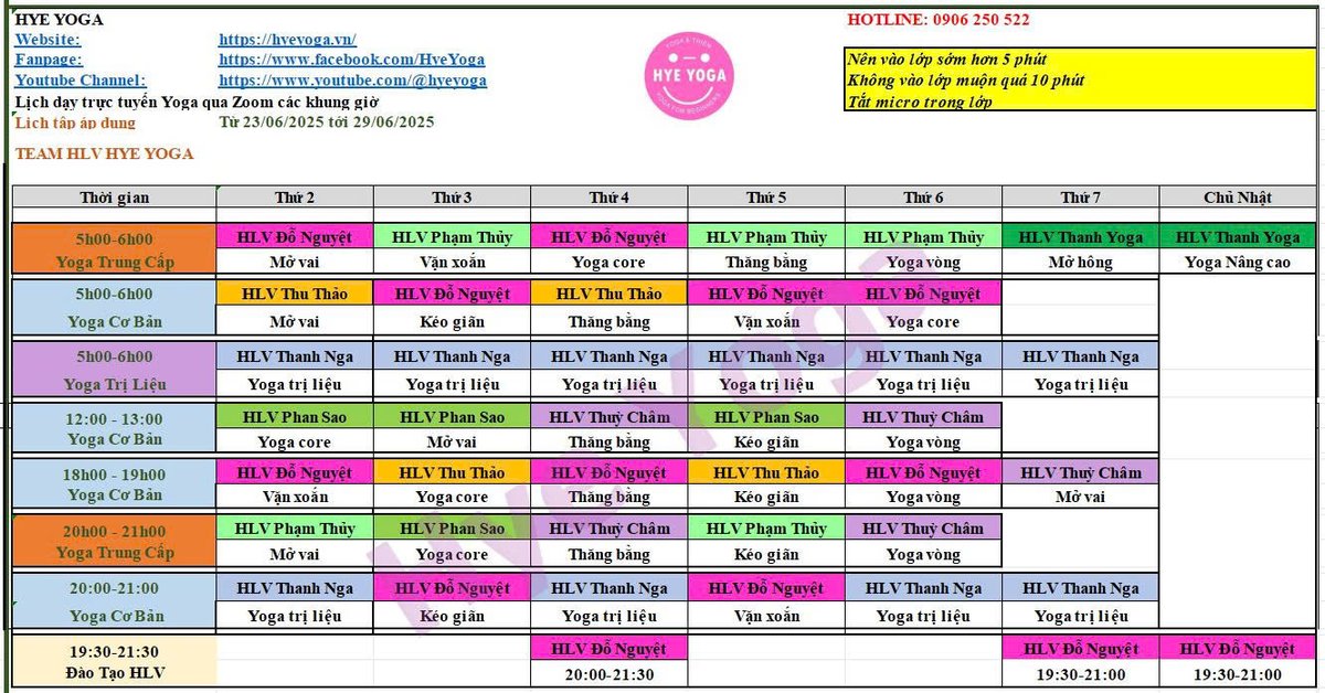 Lịch tập yoga online từ 23/06/2025 - 29/06/2025