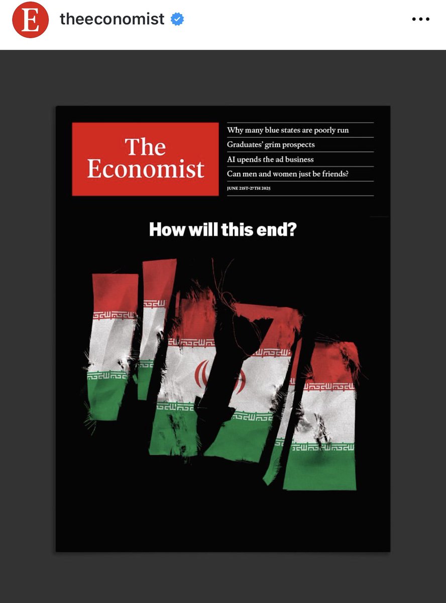 سلام.
بالاخره وصل شدم.

جلد مجالات تایم و اکونومیست رو که نگاه میکنی میشه فهمید برنامه چیه…

ایران شش تکه شده با بمب.

#جنگ
#وطن