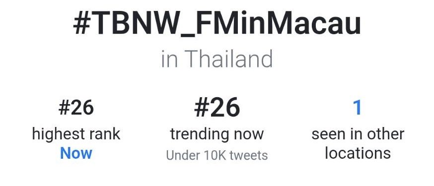 สำหรับเทรนด์
#TBNW_FMinMacau

ในวันที่ 21/06/25 นะครับ💗✨
ᯓ Highest rank 
No. 7 Vietnam🇻🇳
No.26 Thailand🇹🇭

ขอบคุณพี่ๆMagentaBabe, BoNoh และ Horizoneทุกคนที่ช่วยกันปั่นเทรนด์ในวันนี้นะค้าบ 🫶🏻🥰💜
<a href="/Noeul_lee6/">Noeul</a> 
#Noeulnuttarat #MagentaBoy #BoNoh #S2TheSunset #Horizone