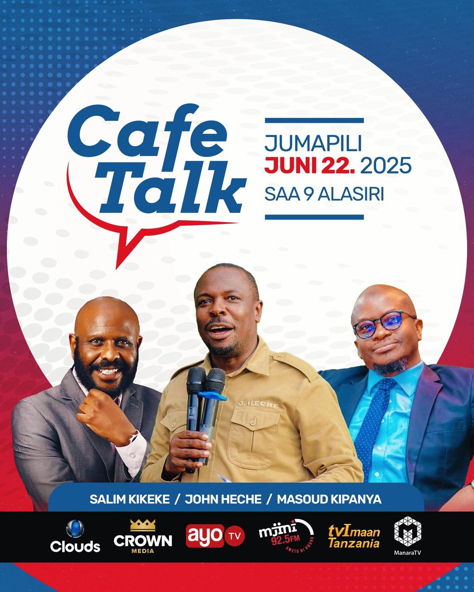 Hilda Newton (@hildanewton21) on Twitter photo Waandaaji wa kipindi cha Cafe Talk wameitaarifu CHADEMA kuwa wameahirisha kipindi na Makamu Mwenyekiti Mhe. <a href="/HecheJohn/">John Heche</a> kama ilivyopangwa awali.
Makamu Mwenyekiti ilikuwa akutane uso kwa uso na Msemaji wa Serikali, Mheshimiwa Gerson Msigwa kwenye mahojiano hayo. Waandaaji wa kipindi cha Cafe Talk wameitaarifu CHADEMA kuwa wameahirisha kipindi na Makamu Mwenyekiti Mhe. <a href="/HecheJohn/">John Heche</a> kama ilivyopangwa awali.
Makamu Mwenyekiti ilikuwa akutane uso kwa uso na Msemaji wa Serikali, Mheshimiwa Gerson Msigwa kwenye mahojiano hayo.