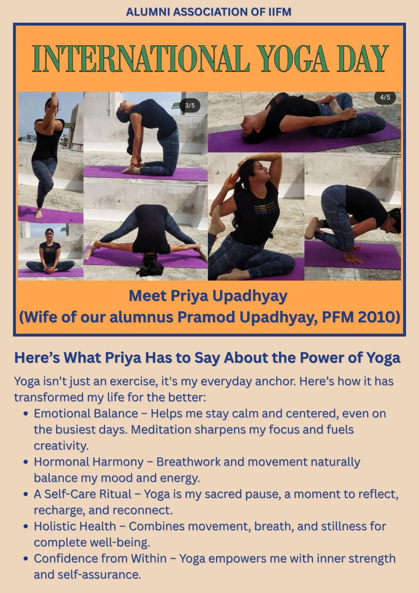 🧘‍♀️ Celebrating International Yoga Day with the IIFM Family 🌿 Meet Priya Upadhyay (Wife of our alumnus Pramod Upadhyay, PFM 2010)

✨ Here’s What Priya Has to Say About the Power of #Yoga 👇🏻