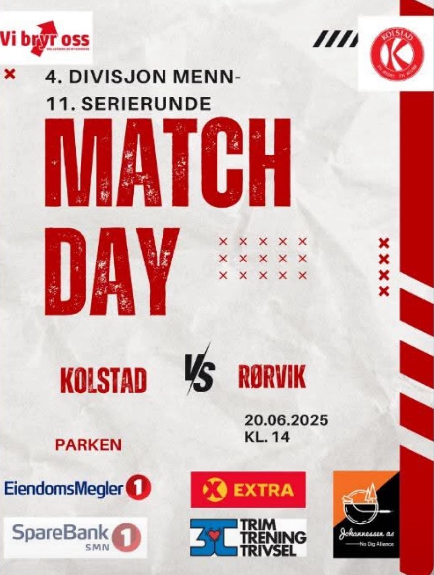 GAMEDAY! ⚽️🔴
🏆 Adressa-ligaen 4.div. avd. 1
🆚 <a href="/RorvikSenior/">Rørvik IL - Senior</a> 
🏟 Parken
⏰ 14.00
☁️ Overskyet &amp; 12 grader
🌭 Gratis inngang &amp; åpen kiosk
🎤 Musikk og speakertjeneste
📱 kolstadfotball
«Vi bryr oss, én bydel - én klubb»
#breddefotball #4divisjon #vibryross
