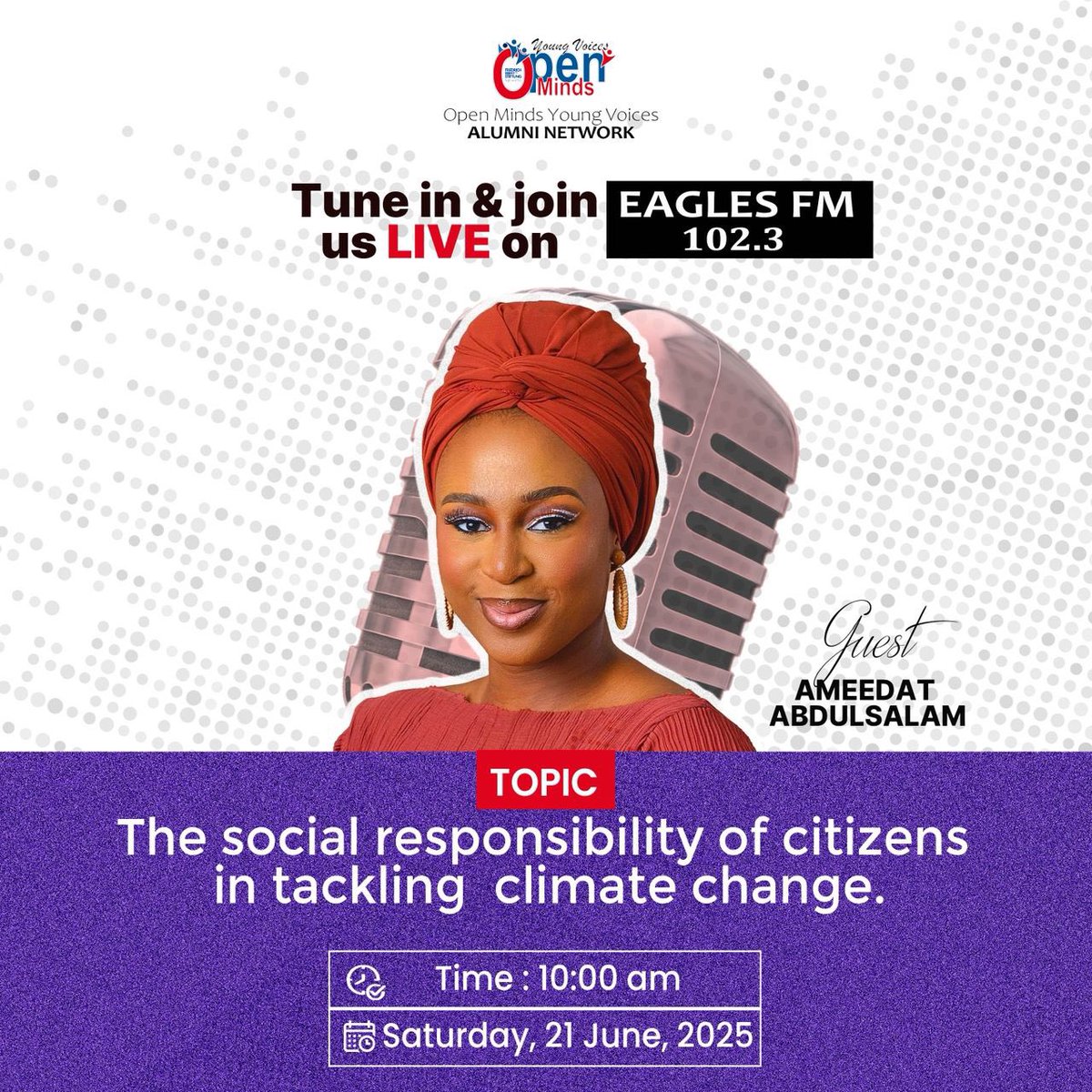 Open Minds Young Voices (@fes_omyv) on Twitter photo Join us on Eagles FM, 102.3, 11:00 a.m, June 22, 2025 today as we discuss the social responsibility of citizens in tackling climate change.
<a href="/amee_abdul/">Amee Rolling Dollar</a> our seasoned climate change expert will be your guest! Join us on Eagles FM, 102.3, 11:00 a.m, June 22, 2025 today as we discuss the social responsibility of citizens in tackling climate change.
<a href="/amee_abdul/">Amee Rolling Dollar</a> our seasoned climate change expert will be your guest!
