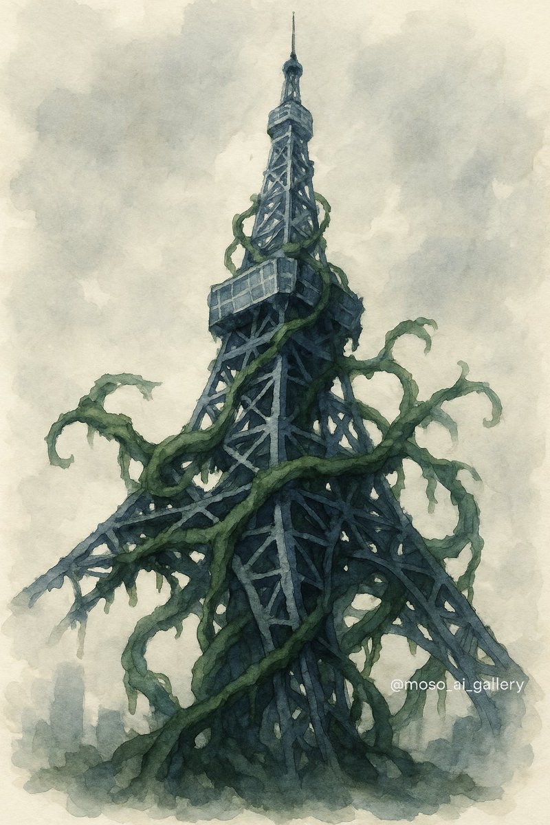 タイトル：豪華な園芸用支柱

#幻想風景
#AI廃墟
#AIart 

崩落しかけたタワーを支柱に、
大きなツタが伸びている。
豪華な園芸用支柱のようだ、
どれだけの年月が経ったのだろうか……
夢で見た不思議な風景を、AIに描いてもらいました

使用AI：ChatGPT + DALL·E
妄想AI画廊／ゆきひら #妄想AI画廊