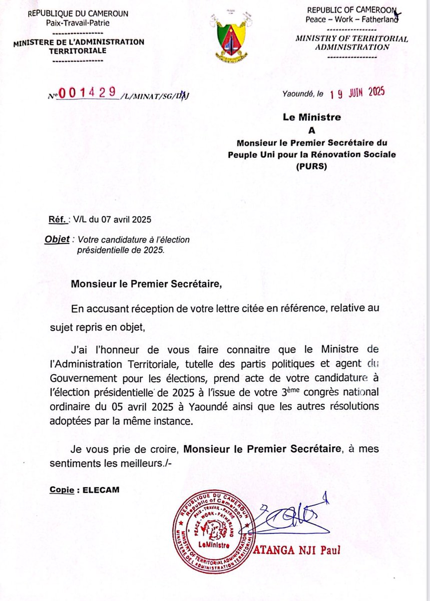 S_EspoirMatomba's tweet photo. C'est officiel! 📜🇨🇲
À la suite du 3ème Congrès ordinaire du PURS – Peuple Uni pour la Rénovation Sociale – qui m’a investi comme candidat à la prochaine élection présidentielle, le Ministre de l’Administration Territoriale a pris acte de notre décision.
Par ce document, il en informe également l’organe chargé des élections, ELECAM, marquant ainsi une nouvelle étape dans notre engagement pour une alternative crédible et audacieuse au service du peuple camerounais.
Le chemin continue, avec foi, détermination et une volonté inébranlable de bâtir un Cameroun nouveau. 🤝🌍
#MATOMBA
#PURS2025 #RenovationNationale #Presidentielle2025