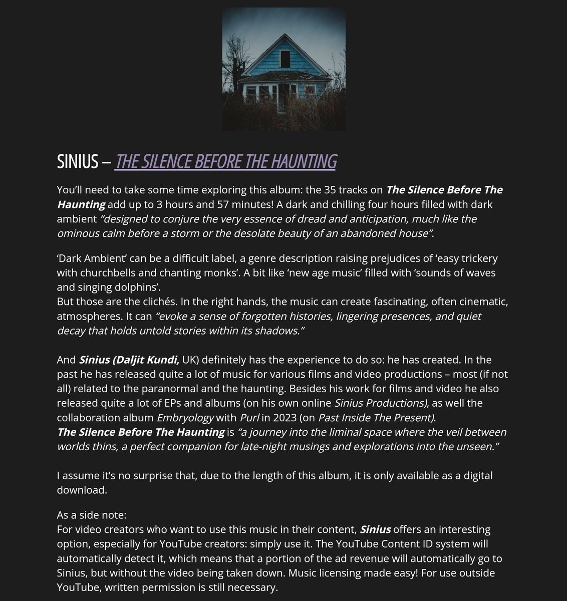 Grateful for the in-depth review of "The Silence Before the Haunting," now published on Ambientblog by Peter van Cooten. His detailed commentary offers a profound look into the album's intent. Explore it here:

ambientblog.net/blog/2025-06/s…

#darkambient #electronicmusic #soundtrack