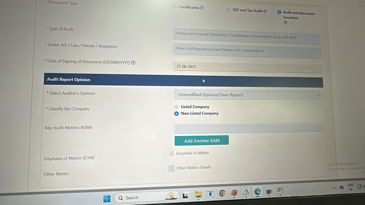 CAHimankSingla's tweet photo. BREAKING: UDIN PORTAL UPDATE: While generating UDIN for SRS 4410 (Provisional Financial Statements), please note:

✅ New fields like KAM, EOM, and Other Matters are now appearing.

Ensure these are reviewed and filled wherever applicable before submission.

This change is now live on the UDIN portal.

Note: I am still unclear what to select for Non-Corporate Provisional Statements : Listed Company or Unlisted Company.

Maybe @theicai will come up with some clarification.