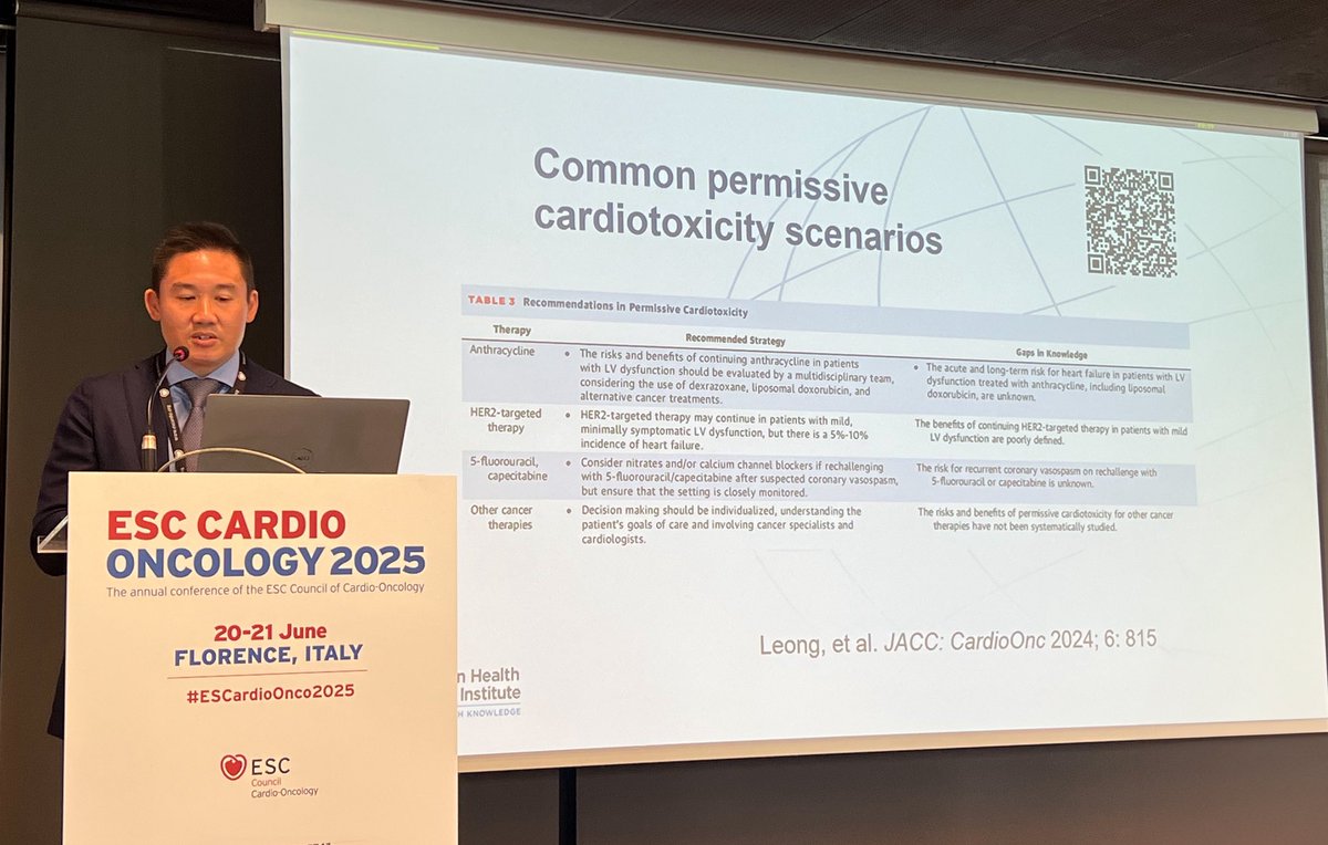 slumberbell's tweet photo. If #cardiotoxicity occurs during #chemotherapy, should we stop the treatment?🫀

Presented by Dr @DarrylLeong:
⚖️ Permissive cardiotoxicity balances effective #cancer therapy with #CVrisk management by:
📍Careful cardiac monitoring
📍Cardioprotective medications

➡️ ⚠️Limited evidence currently guides risk-benefit decisions & larger trials are needed

@PennThalheimer @drtarsh @Massimi78530343 @DrRaulCordoba @escardio #ESCardioOnco2025 @sdent_cardioonc @Dr_Mike_Fradley @JACCJournals @HSkouri @TeresaLpezFdez1 @DSadlerMD