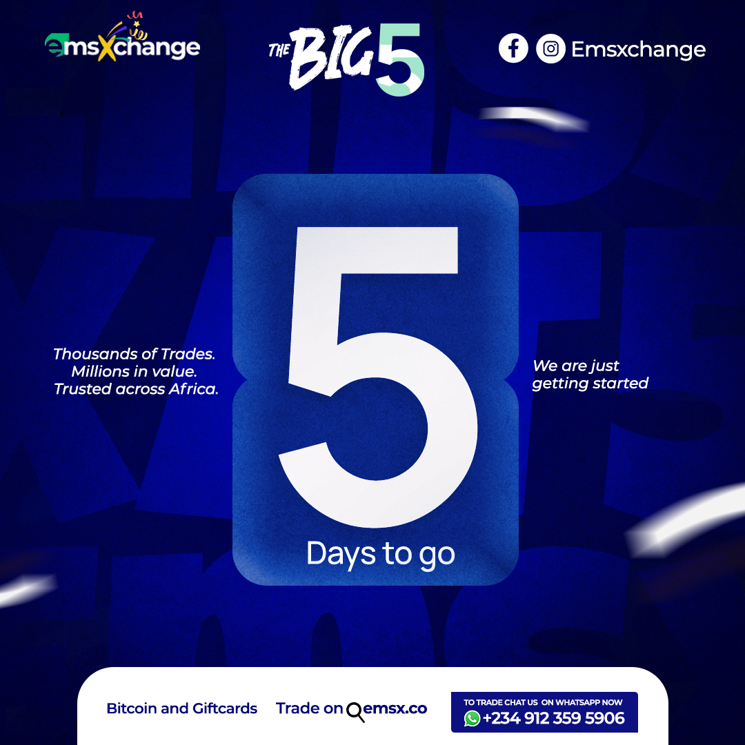Just 5 days to go! 🎉 The countdown to 5 incredible years of EmsXchange begins. Stick with us
as we celebrate YOU — our biggest win yet. ❤️
#EmsXat5 #TheBig5 #TradeTheFuture #EmsXTurns5 #CryptoMilestone #5YearsStrong
#GiftCardsToCrypto  #CelebratingYou