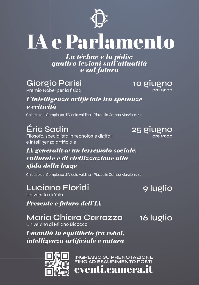 Eric Sadin (@eric_sadin) on Twitter photo Je donnerai à Rome, ce mercredi, au Parlement italien une "lectio magistralis" devant l'ensemble des députés.
"IA generativa: un terremoto sociale, culturale e di civilizzazione alla sfida della legge",<a href="/Montecitorio/">Camera dei deputati</a>, 25 giugno, 19h
comunicazione.camera.it/archivio-prima…
eventi.camera.it/eventionline/ Je donnerai à Rome, ce mercredi, au Parlement italien une "lectio magistralis" devant l'ensemble des députés.
"IA generativa: un terremoto sociale, culturale e di civilizzazione alla sfida della legge",<a href="/Montecitorio/">Camera dei deputati</a>, 25 giugno, 19h
comunicazione.camera.it/archivio-prima…
eventi.camera.it/eventionline/