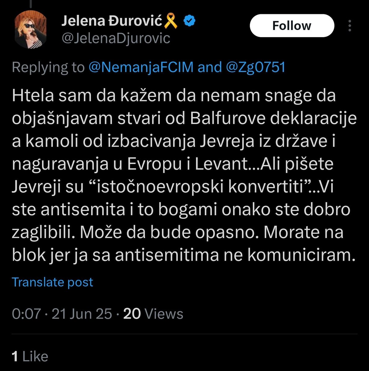 NemanjaFCIM's tweet photo. Blokirala me autohtona izraelka sa Vukovačkog Mosta (zeta) uz izgovor da sam antisemita. Opravdava teror nad Palestincima, osuđuje pravo Irana na odbranu od sotona, konvertita iz ustočne Evrope koji tripuju da su Božji narod.
#FreePalestine https://t.co/cJgWqL4fUA