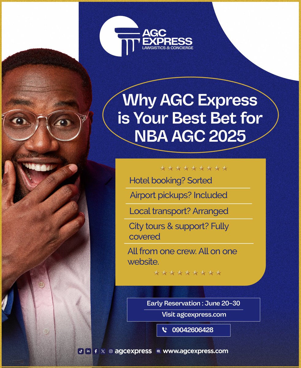 AgcExpress's tweet photo. You missed it last year.
You swore you wouldnโt again.
This is your sign.
Early Booking is open, and AGC Express is your one-stop plug.
Hotels, rides, city access โ all set.
๐ฏ https://t.co/22bwdD6wwh
@NigBarAssoc
#NBAGC2025 #AGCExpress #SmartDelegatesOnly #NBA https://t.co/6cKNMHuhIg