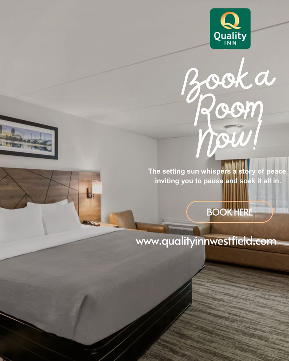qualityinnwestf's tweet photo. Relax, unwind, and let the sunset be your companion. 🛏️ Book your perfect stay today at Quality Inn Westfield, where comfort meets serenity.

Hashtags:
#QualityInnWestfield #BookYourStay #RelaxInComfort #PeacefulStay #HotelGetaway #StayWithUs #WestfieldHotels #TravelInStyle https://t.co/Lwqd1lkfNd