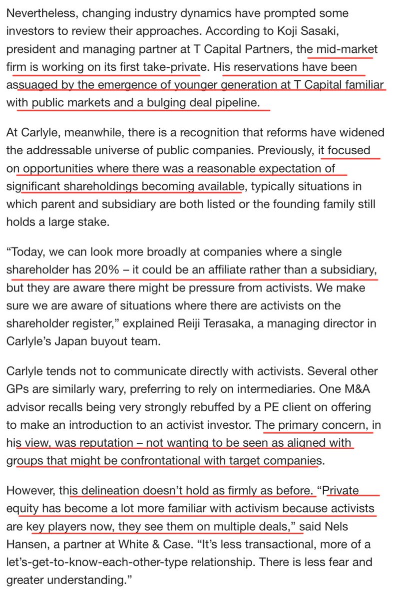 PEファンドによるTOB案件が増えている背景が分かる良記事。アクティビストの投資対象の規模感が以前よりも小さくなっており、結果的に出資比率が高くなる為、TOB成立の蓋然性が高まるメカニズム。PE目線では、非公開化はプレミアムを払う必要性がある事から、避ける傾向のあるmid cap