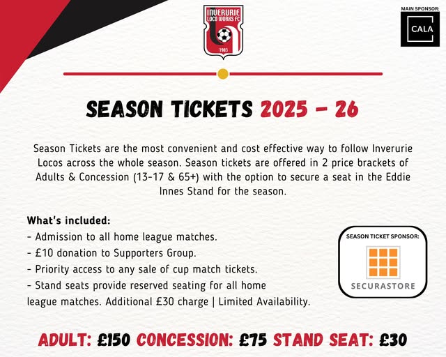 𝗦𝗘𝗔𝗦𝗢𝗡 𝗧𝗜𝗖𝗞𝗘𝗧𝗦

A reminder that Season Tickets for 2025/26 are now available to purchase from Mitchell Scott, 9 Market Place, Inverurie.

With thanks to Securastore who are once again our Season Ticket sponsors.

#InverurieLocos 🚂