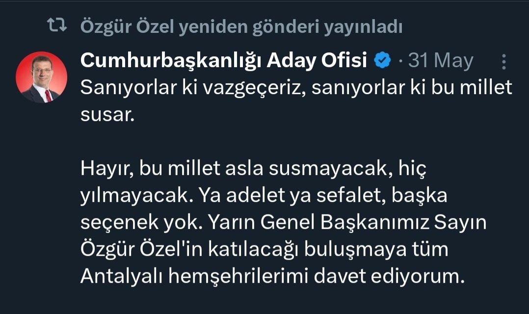 Bülent Gürsoy (@bulentgrsy) on Twitter photo Özgür bey Ekrem İmamoğlu'nun asıl hesabı engellenince, <a href="/CBAdayOfisi/">Cumhurbaşkanlığı Aday Ofisi</a> hesabından paylaşılan mesajları kendi hesabından paylaşacağını söylemişti.
İnceledim, en son bir gün önceki mesajını 'rt' yapmış.
Bu mesajdan önc 'rt' yaptığı mesajı 31 Mayıs'ta. Arada 20 gün ve 51 mesaj var. Özgür bey Ekrem İmamoğlu'nun asıl hesabı engellenince, <a href="/CBAdayOfisi/">Cumhurbaşkanlığı Aday Ofisi</a> hesabından paylaşılan mesajları kendi hesabından paylaşacağını söylemişti.
İnceledim, en son bir gün önceki mesajını 'rt' yapmış.
Bu mesajdan önc 'rt' yaptığı mesajı 31 Mayıs'ta. Arada 20 gün ve 51 mesaj var.
