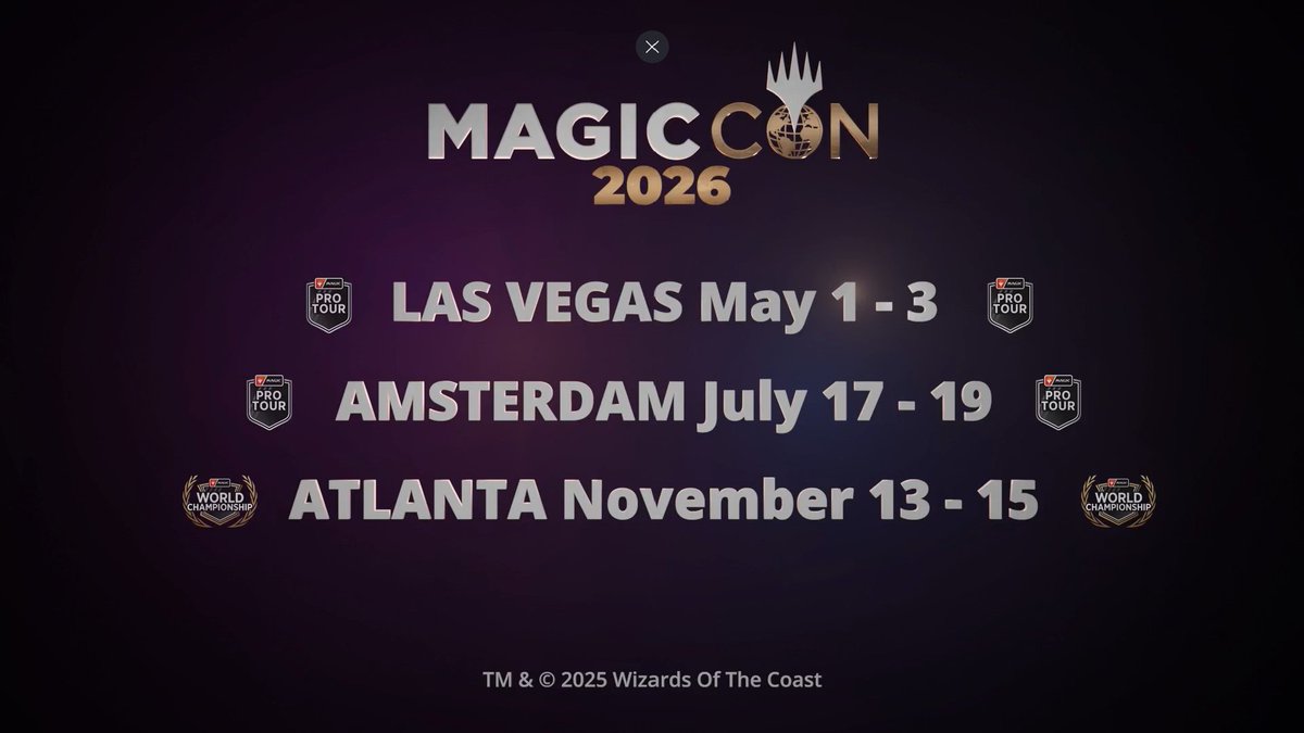 Abbiamo annunciato il calendario degli eventi MagicCon 2026!
Segnate le date:

1–3 maggio 2026 – #MCVegas
17–19 luglio 2026 – #MCAmsterdam
13–15 novembre 2026 – #MCAtlanta