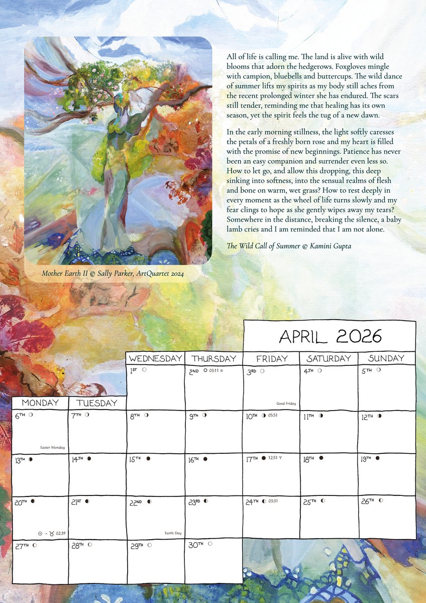 Sally Parker @ArtQuartet (@artquartet) on Twitter photo Thrilled to share I am a contributor to #EarthPathways 2026 calendar! My painting 'Mother Earth II' with natural earth pigments features on Pg 8. I'm honoured to join Kamini Gupta's poetic 'Wild Call of Summer '.
Image: ©<a href="/EarthPathways/">Earth Pathways Diary 💚 Connection to the Land</a>
#nature #art #painting #writing #poetry Thrilled to share I am a contributor to #EarthPathways 2026 calendar! My painting 'Mother Earth II' with natural earth pigments features on Pg 8. I'm honoured to join Kamini Gupta's poetic 'Wild Call of Summer '.
Image: ©<a href="/EarthPathways/">Earth Pathways Diary 💚 Connection to the Land</a>
#nature #art #painting #writing #poetry
