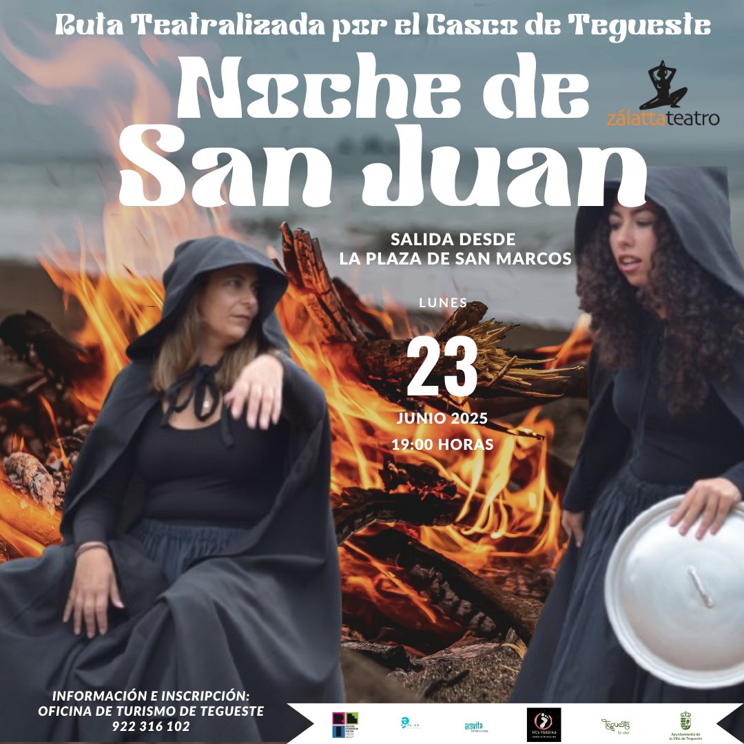 “Aprovecha la Noche de San Juan para escribir deseos, quemar lo que quieres dejar atrás, y venir a ver nuestra ruta a Tegueste”.

23/6/2025 – 19:00 h.
Ruta Teatralizada: “Noche de San Juan”
Casco Histórico de la Villa de Tegueste

#ViveElTeatro