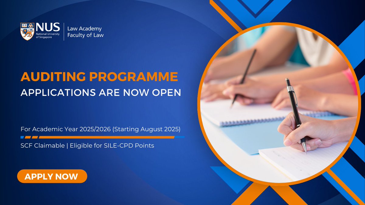 📢 Applications are now open for the NUS Law Auditing Programme! 

Attend selected JD/LLM classes without exams and deepen your legal knowledge with top faculty.

🔗 Learn more &amp; apply: law.nus.edu.sg/nuslawacademy/… 

#NUSLaw #LegalEducation #LifelongLearning
