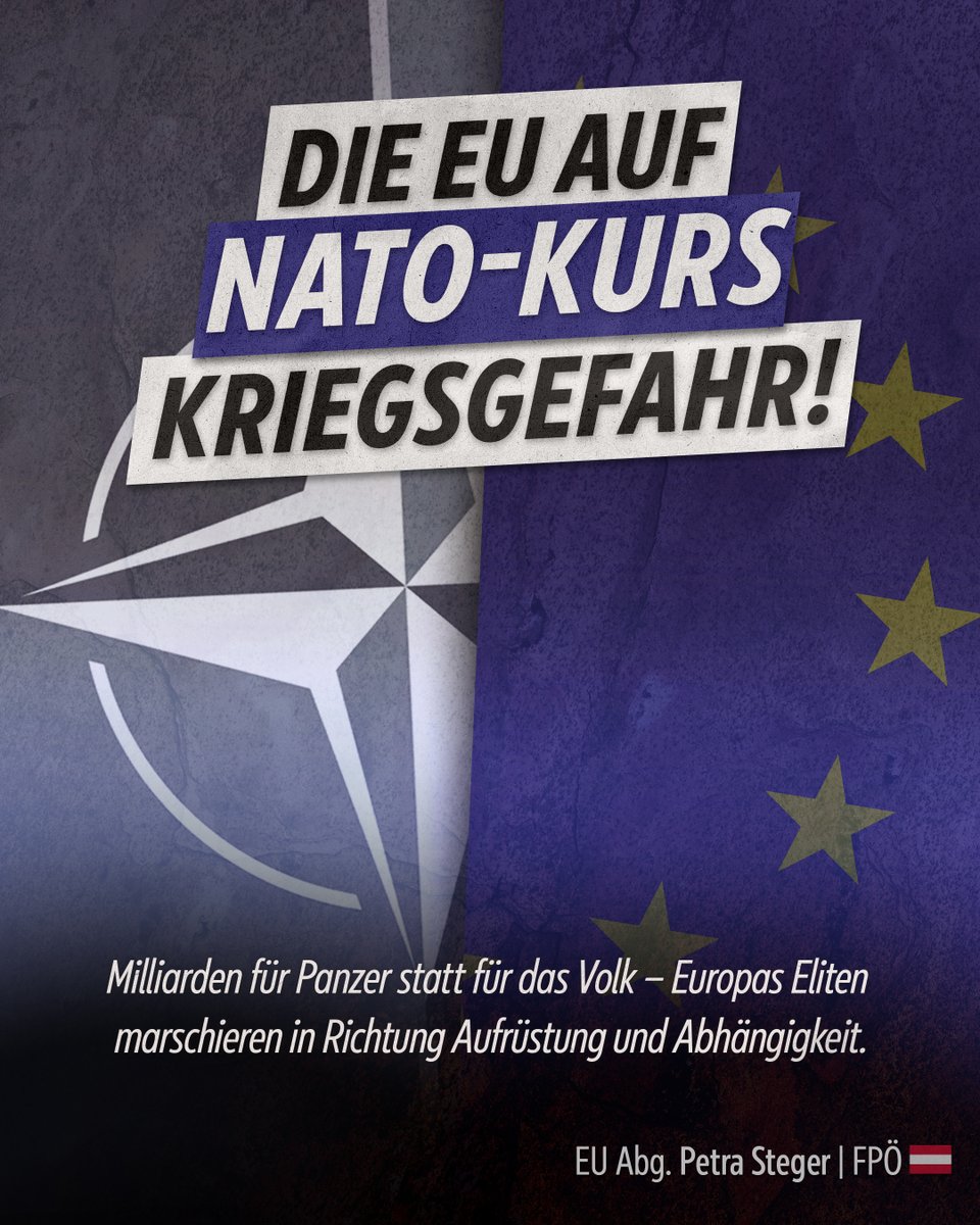 Panzer statt Pensionen, #Krieg statt #Diplomatie – die EU nimmt Kurs auf eine brandgefährliche Zukunft. Der #NATO-Gipfel bedeutet Aufrüstung, Waffenlobbyismus und Souveränitätsverlust welcher #Frieden und #Neutralität bedroht.

Mehr dazu hier: fpoe.eu/steger-milliar…
