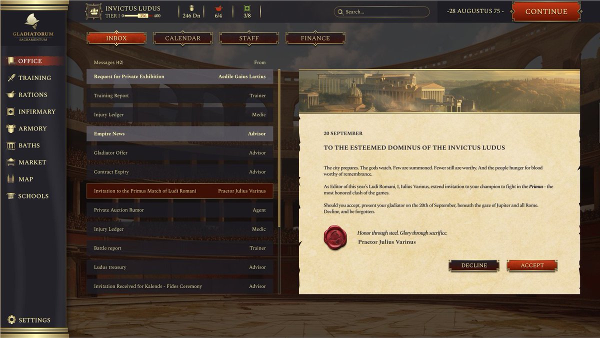GladiatorumGame's tweet image. First look inside Gladiatorum: Sacramentum

The gods watch. The people hunger.

A summons from Rome arrives at your door. Few are chosen. Fewer survive.

Do you risk your champion for eternal glory?

#indiegame #gladiatorgame #gamedev #romanempire #screenshotsaturday