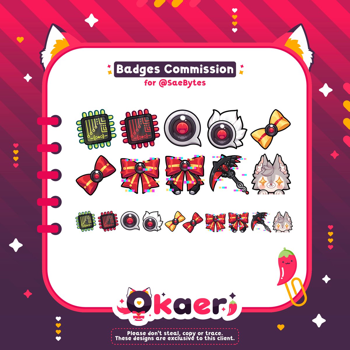 OkaeriArt's tweet image. ︶︶︶⠀୨୧⠀︶︶︶
Badges commission
for @SaeBytes ♡࣪⋆
︶︶︶⠀୨୧⠀︶︶︶

#VGenComm #VGen #CtrlArtSae