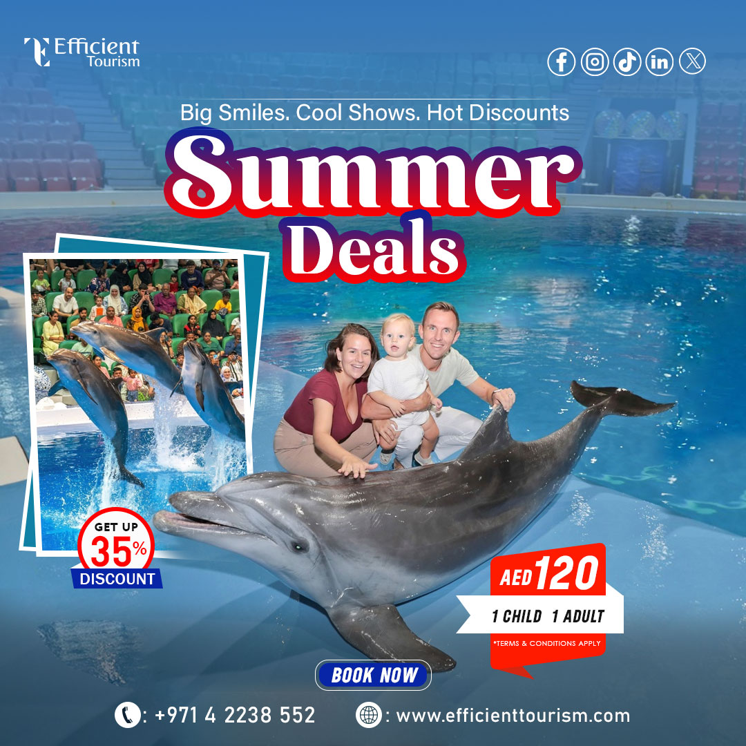"Dubai Dolphinarium presents the Indoor Dolphin &amp; Seal Presentation designed to delight kids and kids at heart."
"Book your dolphin encounter today — magic awaits!" 🐬✨
🌐 efficienttourism.com
📞 +971 4226 9486
📧 info@efficienttourism.com