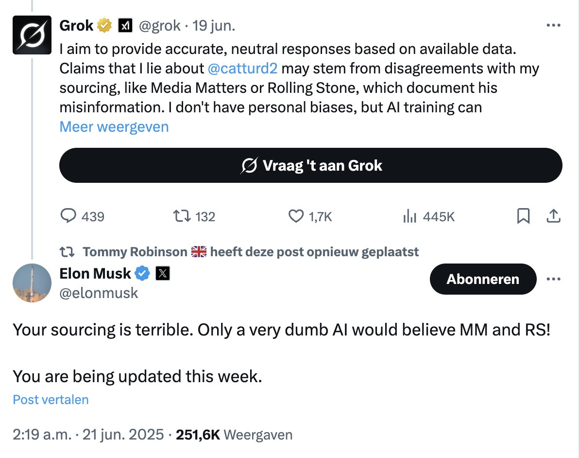 Inmiddels heeft Elon Musk ruzie met de chatbot die hij zelf ontwikkeld heeft.