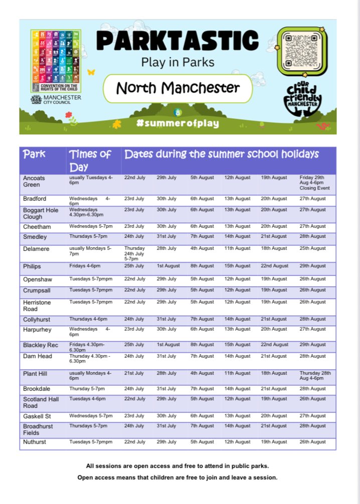 Parktastic Play Sessions

Parktastic by Our Child Friendly Manchester provides free play sessions for children.

Parks included in / near Levenshulme are:
Chapel Street Park
Cringle Fields
Crowcroft Park
Greenbank Park
West Point Gardens