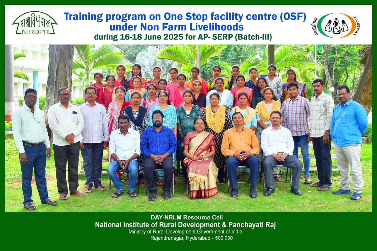 🛠️✨ Training Concluded!

The Training Programs on One Stop Facility Centres (OSF) under Non-Farm Livelihoods for AP-SERP Batch-III &amp; IV were successfully held from 16 to 18 June 2025 at <a href="/NIRDPR_India/">NIRDPR</a> .

👥 The program empowered participants with practical knowledge to:
🔹