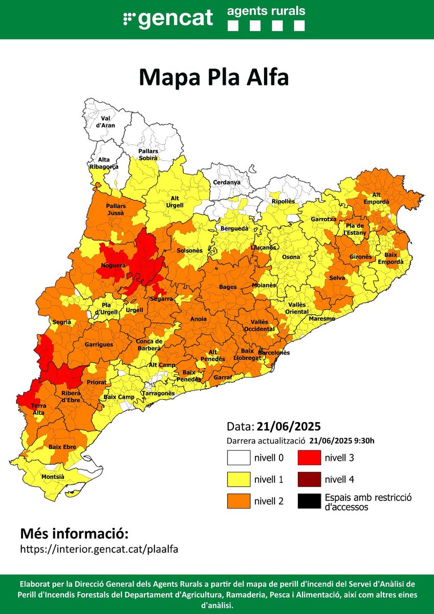 d_bosc's tweet photo. Data : 21/06/2025 
Nivell 2 - Perill alt d'incendi 🔥🔥

 🧑‍🚒Moltíssima precaució

#revetllasegura 🧨
#proteccióincendis 🧯
#vilarólluita
#vallençana
#civisme https://t.co/YHlsqy58fR